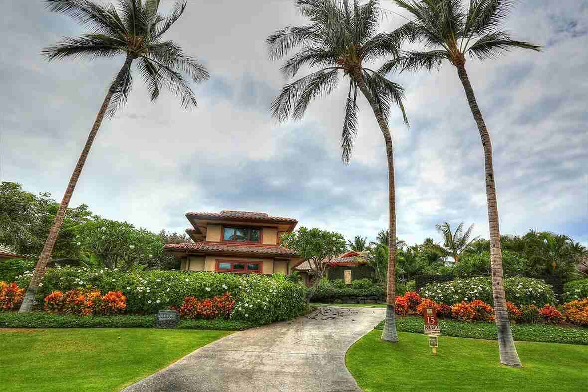 A tropical landscape featuring a house surrounded by lush greenery and flowers, with two tall palm trees in the foreground and a paved driveway leading up to the entrance.