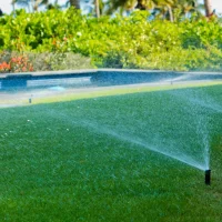 Sprinklers watering a lush green lawn with blurred plants and trees in the background.