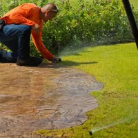 A person in an orange shirt kneeling by a lawn, working on the grass while water sprays from a sprinkler nearby.