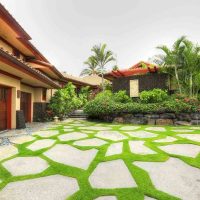 A vibrant garden with lush greenery, colorful plants, and a stone pathway winding through the foliage.