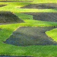 Aerial view of a landscaped area featuring patches of grass and water.