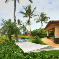 A view of a tropical landscape featuring palm trees, vibrant flowers, and a hammock near a swimming pool and a house.
