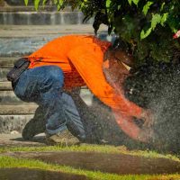 A man in an orange shirt kneeling on a lawn while adjusting a sprinkler system, with water spraying onto the grass.